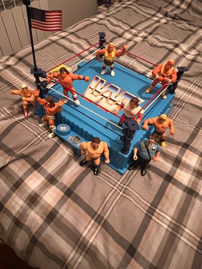 WWF Hasbro ring, 1 boxed used and 1 loose used + figures
