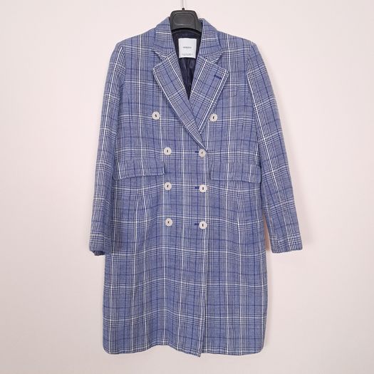 Mango Blue White Checked Plaid Double Breasted Blazer Coat Overcoat Size S