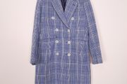 Mango Blue White Checked Plaid Double Breasted Blazer Coat Overcoat Size S