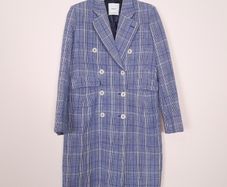 Mango Blue White Checked Plaid Double Breasted Blazer Coat Overcoat Size S