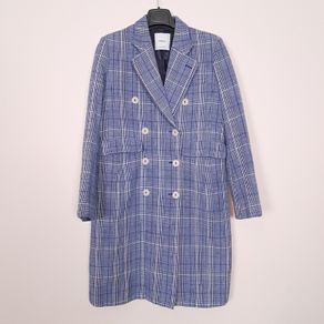 Mango Blue White Checked Plaid Double Breasted Blazer Coat Overcoat Size S