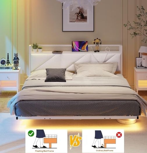Floating King Bed Frame with LED Lights & USB Charging Station, 150x200cm Metal Platform King Size Bed Frame with 5ft Upholstered Headboard Storage,Heavy Duty Metal Slats, Noise Free,White