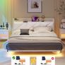 Floating King Bed Frame with LED Lights & USB Charging Station, 150x200cm Metal Platform King Size Bed Frame with 5ft Upholstered Headboard Storage,Heavy Duty Metal Slats, Noise Free,White Image 3