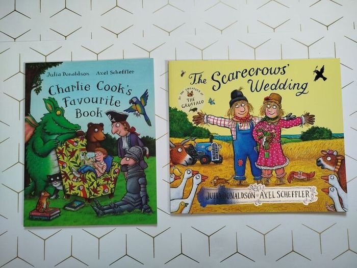Julia Donaldson books: Paper dolls, the scarecrows wedding, Charlie Cook's favourite book, Tyrannosaurus drip