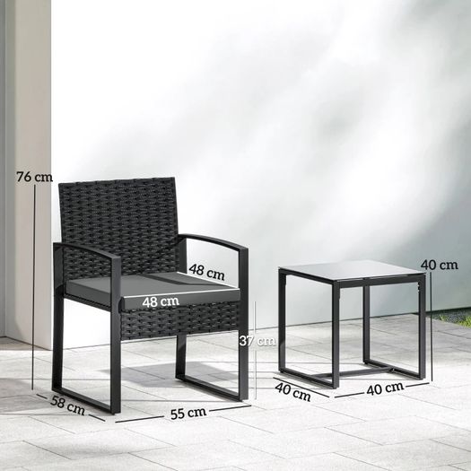 Rattan Bistro Set, 3-piece Garden Furniture Set with 2 Garden Chairs, Coffee Table, Removable Cushions Dark Gray