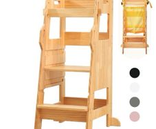 FUNLIO Step stool with Safety Net, Kids Kitchen Step Stool, 3-Level Height Adjustable Toddler Kitchen Stool Helper, Montessori Child Standing Tower for Learning, Easy to Assemble, CE Approved