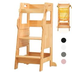 FUNLIO Step stool with Safety Net, Kids Kitchen Step Stool, 3-Level Height Adjustable Toddler Kitchen Stool Helper, Montessori Child Standing Tower for Learning, Easy to Assemble, CE Approved