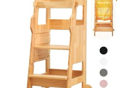 FUNLIO Step stool with Safety Net, Kids Kitchen Step Stool, 3-Level Height Adjustable Toddler Kitchen Stool Helper, Montessori Child Standing Tower for Learning, Easy to Assemble, CE Approved