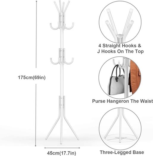 Coat Rack, Metal Coat Rack Stand with 3 Height 12 Hooks, Sturdy Freestanding Coat Rack for Clothes/Bags/Hats, Coat Stand for Home/Entryway/Office/Hallway