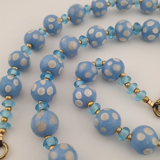 Vintage Venetian Style Light Blue White Dotted Glass Beads Necklace