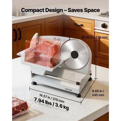 Meat Slicer, Electric Deli Slicer with 190mm SUS420 Blade & 0-15mm Adjustable Thickness, 200W Home Food-Slicer for Frozen Meat, Ham, Baguett, Steak