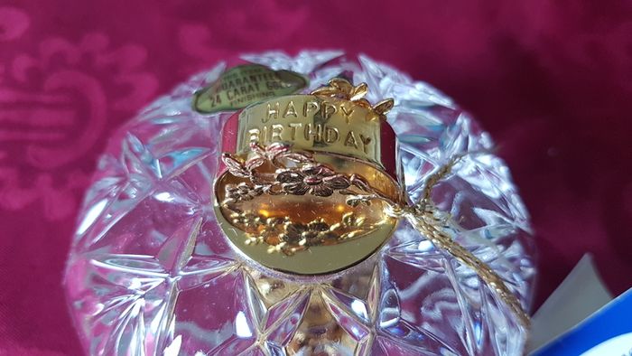 Killarney Crystal Cut Crystal Glass Happy Birthday Lidded Jewelry Dish / Bowl With 24 Carat Gold Cover Handle and Footed Base Finishing Made In Ireland