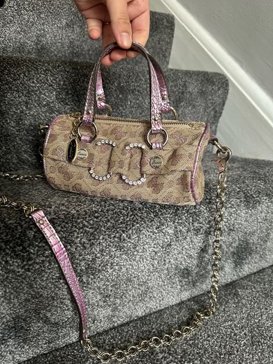 vintage Guess Y2K small monogram bag in a brown and pink glitter colorway.