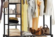 Heavy Duty Clothes Rail, 120KG Black Metal Rack With Double Hanging Clothing Rail, Shoe Rack, Storage Shelves &amp; 4 Coat Hooks, Wardrobe Clothes Rails For Bedroom Office Shop