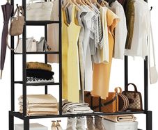 Heavy Duty Clothes Rail, 120KG Black Metal Rack With Double Hanging Clothing Rail, Shoe Rack, Storage Shelves & 4 Coat Hooks, Wardrobe Clothes Rails For Bedroom Office Shop