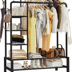 Heavy Duty Clothes Rail, 120KG Black Metal Rack With Double Hanging Clothing Rail, Shoe Rack, Storage Shelves & 4 Coat Hooks, Wardrobe Clothes Rails For Bedroom Office Shop