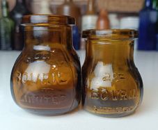 488 - Set of 2 Vintage Brown Amber Glass Cork Top Collectible Decorative Bovril Bottles