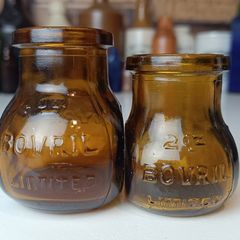 488 - Set of 2 Vintage Brown Amber Glass Cork Top Collectible Decorative Bovril Bottles