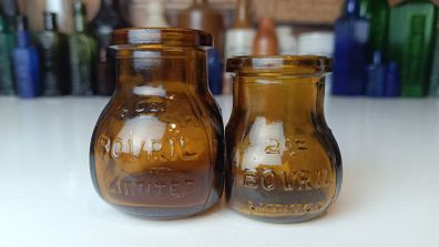 488 - Set of 2 Vintage Brown Amber Glass Cork Top Collectible Decorative Bovril Bottles