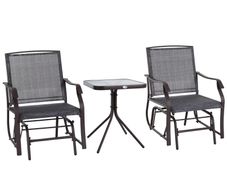 Outdoor Glider Rocking Chair & Table Set, Patio Furniture Bistro Set with 2 Single Seaters Swing Chair and Square Glass Top Table, Grey
