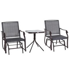Outdoor Glider Rocking Chair & Table Set, Patio Furniture Bistro Set with 2 Single Seaters Swing Chair and Square Glass Top Table, Grey
