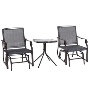 Outdoor Glider Rocking Chair & Table Set, Patio Furniture Bistro Set with 2 Single Seaters Swing Chair and Square Glass Top Table, Grey