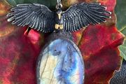 Powerful High Quality Spectoralite Labradorite Crystal And Raven Soldered Amulet Talisman Chain