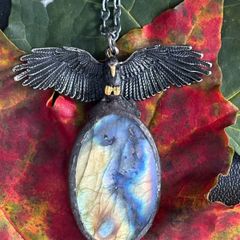 Powerful High Quality Spectoralite Labradorite Crystal And Raven Soldered Amulet Talisman Chain