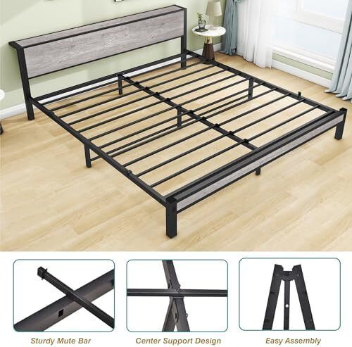 Metal King Size Bed Frame with Storage Wooden Headboard