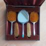 Vintage Art Deco 5 piece silver plated & light green guilloche enamel dressing table set, cased Image 3