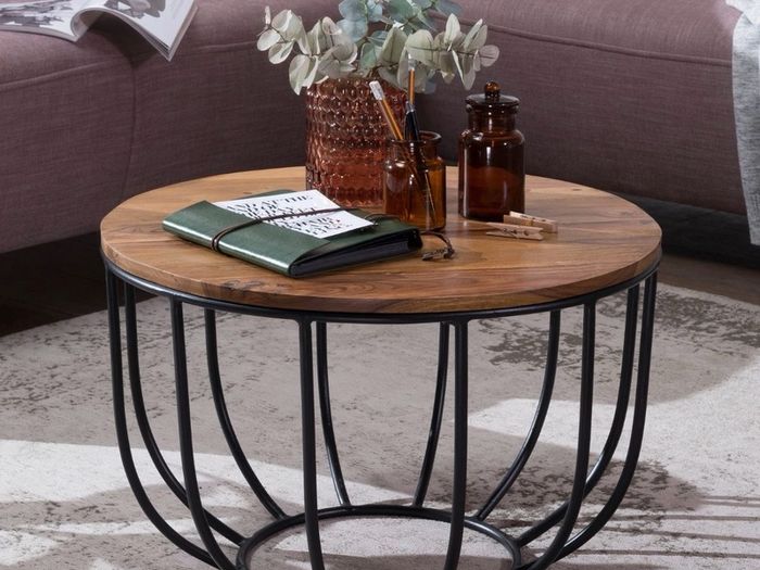 Rustic Solid Wood Coffee Table with Metal Base 60cm Round