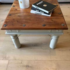 Rustic Solid Wood Coffee Table Natural Wood Top & Cream Base