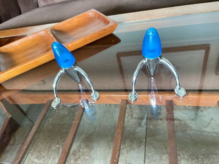 Vintage EZ ECH Centaur Salt Pepper Shakers Polished Stainless Steel Blue Space Age Design 1990s