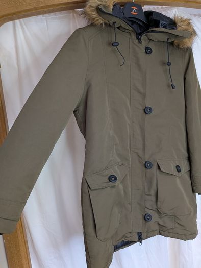 Brave Soul Womens Khaki Hooded Parka Coat Faux Fur Trim Size 12 Outdoor