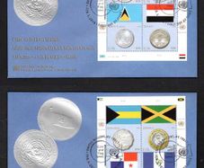 2010 United Nations (New York) Coins & Flags (Bahamas, Jamaica, Panama, Guatemala, Honduras, Kuwait, St. Lucia & Yemen) Commemorative Stamps Mint Never Hinged (MNH) & First Day Cover (FDC)