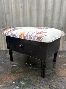 Vintage Kitsch Ebonized Asian style footstool c1970