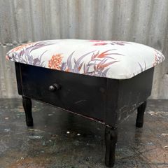 Vintage Kitsch Ebonized Asian style footstool c1970