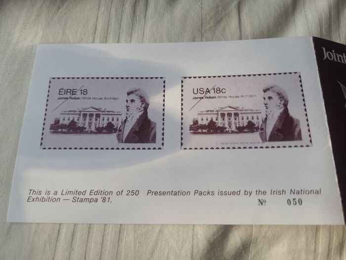 Very rare - Joint Irish and USA release of James Hoban stamp 1981 presentation pack limited edition 3 stamp pack