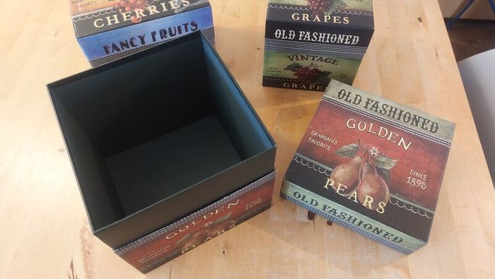Fabulous Set of Three Large Graduated Stackable Nesting Storage Boxes by Quality Manufacturer Bob's Boxes/Lang Paper Co. with "Fancy Fruits" Artwork by Kimberly Poloson