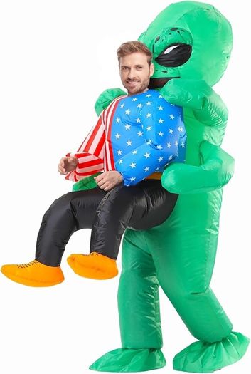 SEASONAL SALE Inflatable Alien Costume for Adult Green Alien Holding Human Costume Funny Halloween Blow up Costume Space Fancy Dress(Adult)
