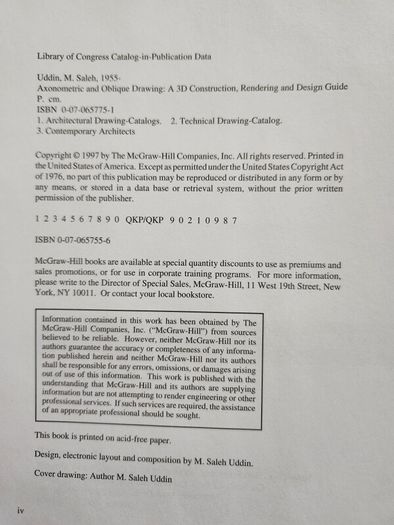 Axonometric And Oblique Drawing. A 3-d Constitution Rendering And Design Guide.  By M. Saleh Uddin. First Edition Hardback With Dustjacket In Good Condition.