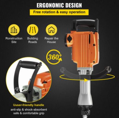 BRAND NEW 1500W Electric Demolition Jack Hammer Drill with 2 Chisels Heavy-Duty Concrete Breaker Chipping Impact Picks