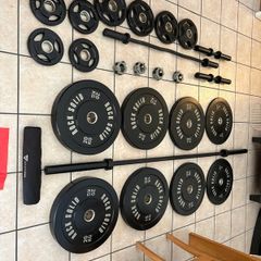Olympic Bumper Weight Plates + 7 Foot Olympic Bar + Olympic Ez Curl Bar + Olympic Loadable Dumbbells + Jaw Lock Olympic Bar Collars + More!!!