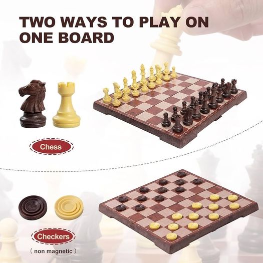 Chess Set and Draughts, 2 IN 1 Folding Chess Board Set, Magnetic Chess Pieces, Portable Travel Chess Set Board Games, Educational Toys Gifts for Adults, 31x31cm