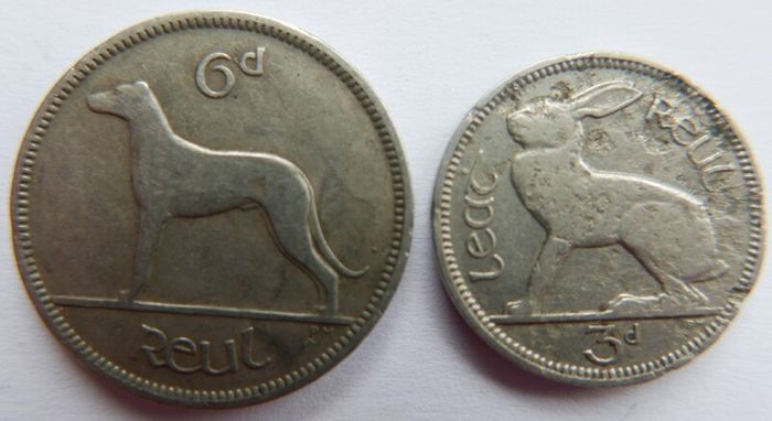 Vintage Irish Sixpence 1928 and 3 Pence 1933