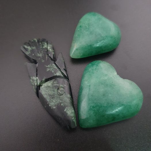 Lot Of 3 Vintage Jade one Fish shape two Green heart Shape Pendants