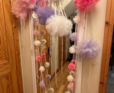 tulle hanging pom poms with pearls christening or communion day decor
