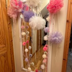 tulle hanging pom poms with pearls christening or communion day decor