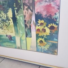 Large Triptich Style Watercolour - "The Cat on The Patio" by John Skelton Snr.