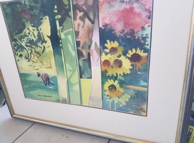 Large Triptich Style Watercolour - "The Cat on The Patio" by John Skelton Snr.